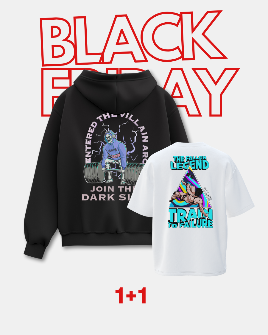 1+1 BUNDLE BLACK FRIDAY VILLAIN ARC HOODIE(black) +ICARUS OVERSIZED(white)